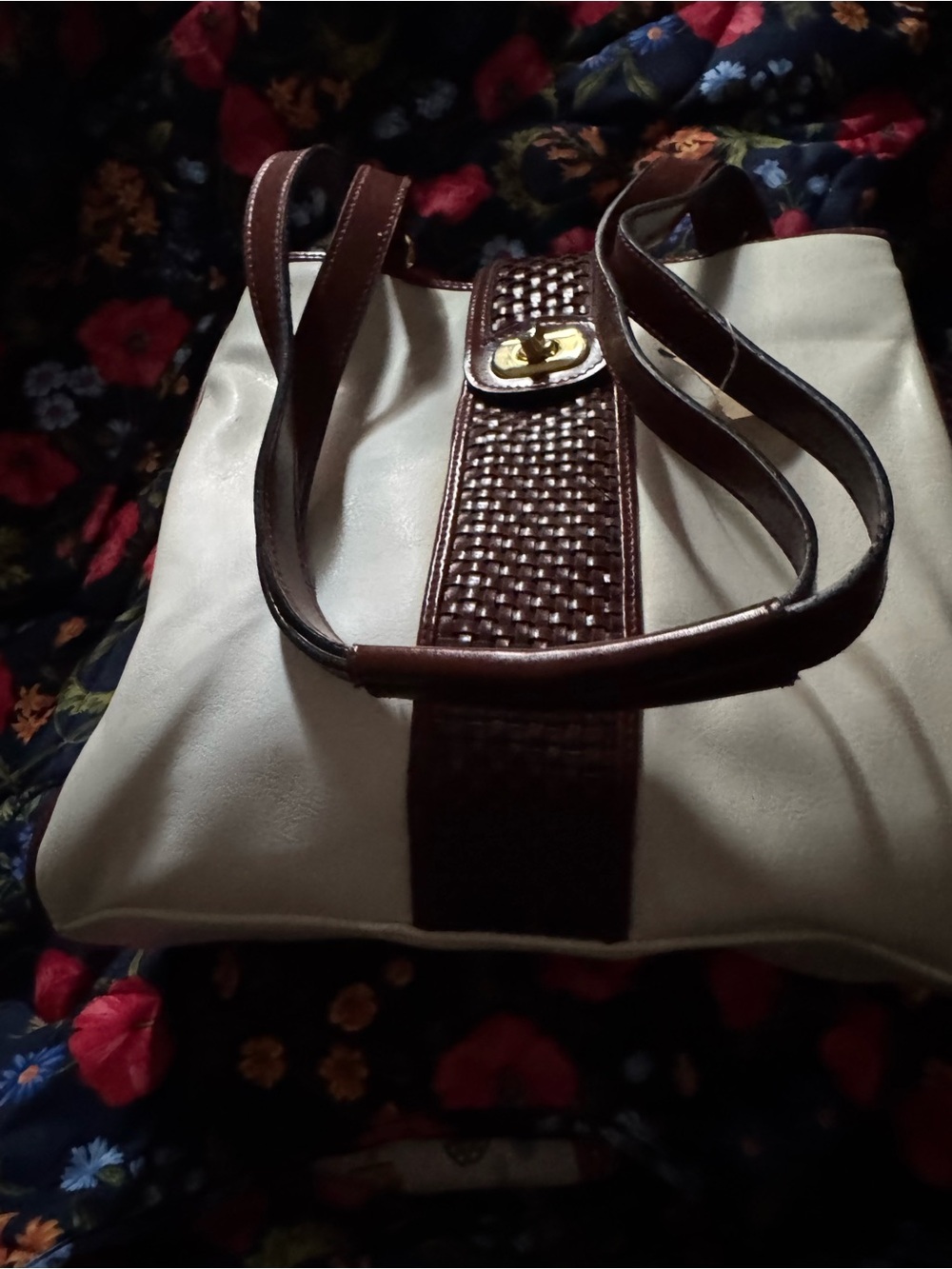 Cream and Brown Woven Accent Tote Bag